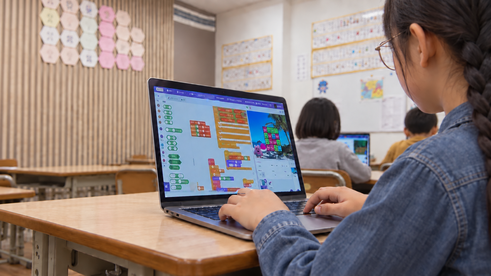 パソコンで作品をつくる様子